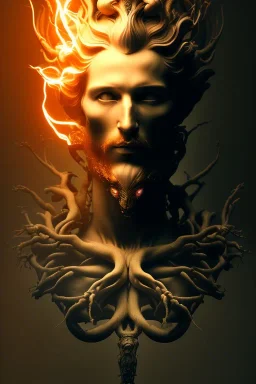 portrait photography of an ethereal beautiful animal god, Fire theme art, Dark moody night atmosphere, Portrait of a man by Michelangelo, 8K, close-up face, anatomically perfect face, oak tree roots, ignore NSFW