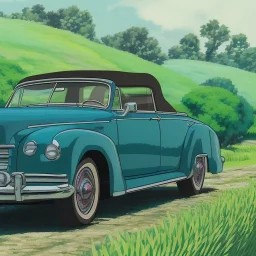 old cabriolet Cadillac front, de côté, metallic blue, in the green countryside with a beautiful blue sky