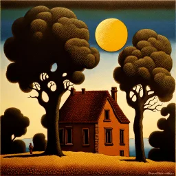 A lone house with trees and a moon René Magritte Max Ernst pointillism decal bas-relief expressionism