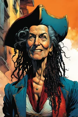 create an imaginative full boy illustration of an aged female, ornately dressed Turkish pirate queen with finely detailed facial features, short dreadlock hair, in the backstreets of Istanbul, in the comic book art style of Bill Sienkiewicz, Mike Mignola, and Jean Giraud Moebius, finely textured, drawn, colored, and inked