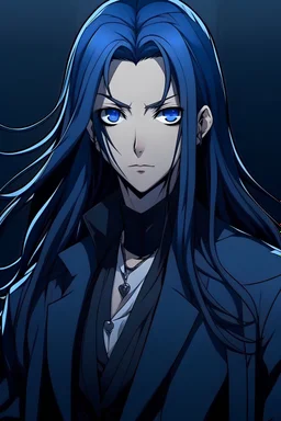 Attractive Middle aged powerful Demon woman with long dark blue hair in a black trenchcoat with black wings with a sad expression on his face o Anime Style