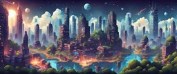 hight technology city with magic, pixel art 2d
