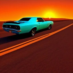 muscle car, desert road, sunset, full colour