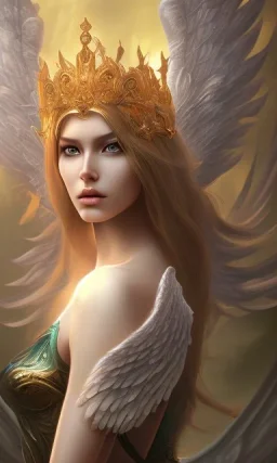 Female angel with beautiful face big wings and golden crown floating above the ground in the dark enviroment, michelangelo style, detailed, world of warcraft style, dark forest, trees, lightferry