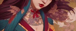 Japanese Geisha, illustration, digital art ,Vintage, Gothic, God Rays, vibrant colours, stylish ,Dark and Gorgeous art , GOD LIGHTING, Eiko Ishioka costume designer,, 32Κ, macro realistic,macro, sunbeams,beautiful, insanely detailed, cherryblossom zen garden, manga,anime,