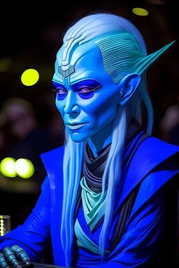 serene blue-skinned alien mystic with white hair in star wars cantina, androgynous, with long neck