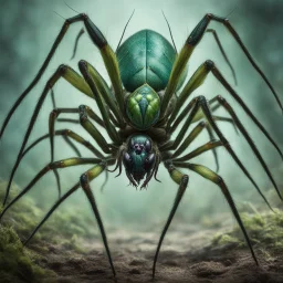 [photorealistic, greenish-blueish] the Arachnomorph Queen, a monstrous hybrid that seemed to defy the laws of nature.Her upper torso was that of an elegant woman, but her lower body morphed seamlessly into a grotesque spider's abdomen. The eight spindly legs that supported her colossal form ended in razor-sharp pikes, glinting ominously in the dim light. The queen's eyes, like shards of obsidian, fixed upon the intruders with a malevolent intelligence.