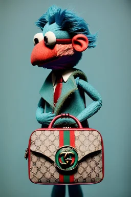 Gucci bag made by muppet face, Sesame Street style, retro style, photo studio, unreal engine 5, god lights, ray tracing, RTX, lumen lighting, ultra detail, volumetric lighting, 3d.