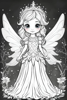 coloring page of a cute adorable fairy princess, use only black and white, no shading, no greyscale, simple, no flowers