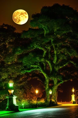 Stone moongate glowing at night under a full moon dark fantasy