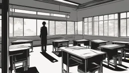 monochromatic japanese classroom with a shadowy figure looking out the window holding a transparent key emanating glow that colors the surroundings, anime