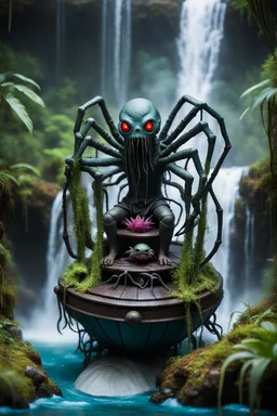 action figure of a crucifiedalien spider electric eel necromancer on round swamp boat beholder eye wheel throne in a charged foggy jungle waterfall