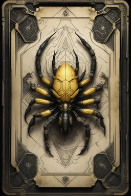 sacred geometry framed playing card brittle parchment, black and yellow crab dragon scorpion spider with shadows boss card in the style of Giger and fallout 4 ,,bokeh like f/0.8, tilt-shift lens 8k, high detail, smooth render, down-light, unreal engine