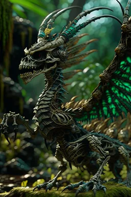 terrifying winged lich skeleton dragon with rattle snake head in deep swampy jungle, in the style of fantasy movies, photorealistic, shot on Hasselblad h6d-400c, zeiss prime lens, bokeh like f/0.8, tilt-shift lens 8k, high detail, smooth render, unreal engine 5, cinema 4d, HDR, dust effect, vivid colors