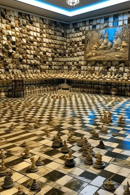 in a room thats just huge sea shells as walls and on the floor in a huge chess board