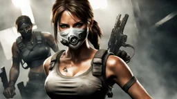 lara croft from tomb raider with a mask of ghost from call of duty