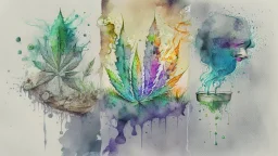 Create a visually captivating water colour sketch that represents the different stages of addiction and recovery, incorporating symbolic imagery of weed, smoke, and crushed weed.