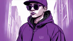 Generate a meticulously composed high-quality portrait that showcases the distinctive fashion sense of a young man in the early 2020s. His attire includes a sleek black jacket, eyeglasses that frame his thoughtful expression, and a vibrant purple hoodie. The intricate detailing of his purple cap adds a touch of individuality, set against a backdrop that's smooth and modern."