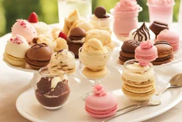 desserts in sunshine: ice cream sundaes, cakes, chocolates, macarons, floss candy, cookies, biscuits