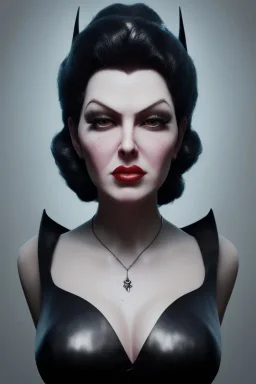 Lana Turner as evil queen in black leather, leather, busty, cleavage, angry, stern look. character design by cory loftis, fenghua zhong, ryohei hase, ismail inceoglu and ruan jia. unreal engine 5, artistic lighting, highly detailed, photorealistic, fantasy