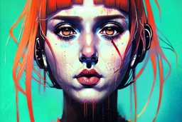 A beautiful portrait painting of a Singer Danish MØ face by Katsushika Hokusai, beautiful cyberpunk huge girl, symmetry, hyperdetailed, illustration darkblue and orange tones,