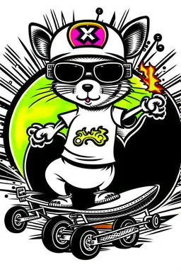 A rat on a skateboard, with glasses and a helmet; the rat laughs; fire coming from behind; cartoon style White ando black colors, with the text "FISCALIA COLOMBIA"