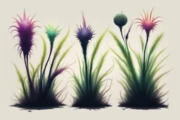 Isolated concept art of 5 alien grass on a neutral background. Strange fictional extraterrestrial flora with unusual shapes, glowing details, thorns, spines, tendrils, roots, and exotic flowers. Each plant designed with unique silhouette and fantasy colors, digital painting style, detailed textures, science fiction botanical illustration, no background, no landscape.