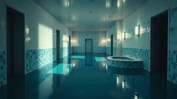 a bright ethereal image of small rooms and corridors that is suspiciously clean of only random pools and blue mosaic walls with a feeling of waiting for something to happen, with no clear idea of what in a first person photo style