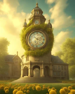 Create a 3d fractal base huge clock on a beautiful tower in a modern town with country houses and green field flowers , with see throgh golden gears rotating , showcasing a harmonious and synchronized movement. fast time passing in a beautiful nature environment