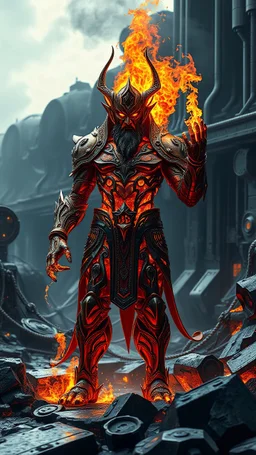 32K resolution, 64 megapixels, HDR. God of Flames and Steel; A hyper-realistic god of fire, his molten bronze body covered in glowing magma-like armor, standing tall amidst a futuristic industrial landscape. His eyes burn like embers, with trails of flame igniting from his fingertips. The intricate detailing of his steel-and-lava-infused body contrasts with the sleek, cold metal environment around him. The dramatic lighting enhances the glow of his molten form, while the scene is crafted with a