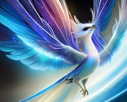 a detailed illustration of a phoenix with shiny blue wings and long glowing sparkling body, luminescent body, glinting spread wings, realistic, soft and smooth glowing wings, soft feathers, macro lens, sharp focus, meticulously detailed, soft studio lighting, smooth blurred gradient background, 64k