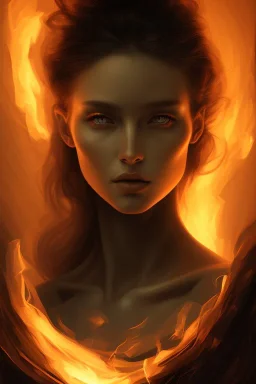 Dark moody night atmosphere, Fire theme art, Portrait of a woman by Michelangelo, 8K, close-up face, anatomically perfect face,