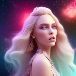 white woman long blond real hair blue eyes glitter in a galactic ambiance, delicate colors in the foreground, full of details, smooth, light effect，vaporwave colorful, smooth, extremely sharp detail, finely tuned detail, ultra high definition, 8 k, unreal engine 5, ultra sharp focus