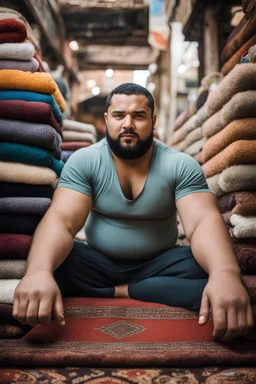 close up photography of a burly chubby muscular strong 23-year-old marocan man in Istanbul bazaar, shirtless, short beard, selling carpets sitting on a pile of carpets, big shoulders, manly chest, very hairy, side light, view from the ground