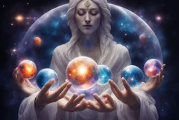 kundalini, connected to the universe, few colours of galaxy, holding galaxies in few hands in glass balls