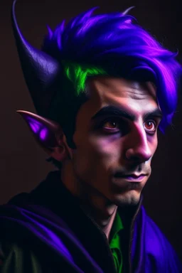 A portrait of a young elf, a wizard, spike ears, purple hair, Caravaggio style