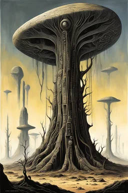 only one tree left, Extensive deforestation, fewer trees, otherworldly bas-relief glyphs on alien deserted planet giant natural rock formations, first contact concept art, abstract surreal sci-fi, by Colin McCahon and Jim Burns and Brian Despain, by H.R. Giger, silkscreened mind-bending illustration ; sci-fi poster art, asymmetric, alien colors, vertical scroll of strange geometric symbols, complex biomorphism, technical biomechanics, futurism