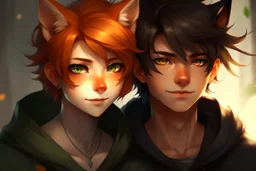 A young adult male with messy black hair, gold eyes, black cat ears, realistic, slight smile next to a young adult female with short red hair, dark green eyes, large orange fox ears on top of her head, slight smile, pale skin, realistic