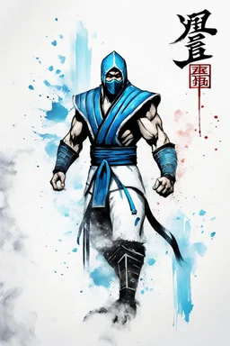 Sub Zero from Mortal Kombat, ink artistic conception, with typography elements, abstract, complementary colors, simplicity, Chinese painting, white background, 8k,