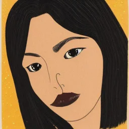 portrait of a woman with sparkling brown eyes and dark hair in the style of Hisashi Eguchi