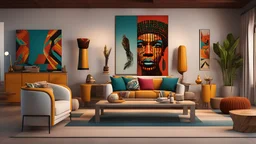 An impressive 3D rendering of a modern and vibrant television show scene. Infuse the art with energy from African rhythms, in your space with vibrant cores, attractive graphics and iconic images of African music. Let each environment be a fabric of self-expression and artistic ousadia. Clean lines, Obtain a modern, more timeless design, that reflects the essence of African ethnic culture, Create a dreamlike and supernatural space with a tall bench made of African craftsmanship in the center of t