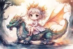 a cute anime chibi princess sitting on a wild chinese dragon and dynamically riding it, melting watercolor and black ink outlines on wet paper, soft, shading strokes, in sunshine, ethereal, otherwordly, cinematic postprocessing, bokeh, dof