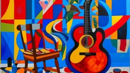 Still life composition with abstract shapes and vibrant colors, featuring objects such as a chair, a jug, and possibly a musical instrument on a patterned background