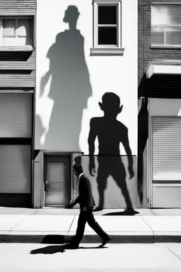 a man walks a sidewalk with a monster as his shadow