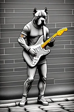 One single mature light Staffordshire terrier, friendly, playing guitar in the street , Berlin, sunny day, model style, hyper realistic, extremely accurate, delicate, extremely detailed, Graphic novel style, wide-angle, open aperture, superfine pencil