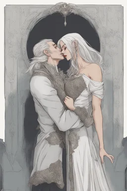 Strahd Von Zarovich being kissed by a beautiful woman with white hair, wearing an off the shoulder dress. Settling and background are a lavish toomb with an ebony coffin.