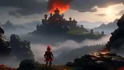 High quality medium shot of Mario on a hill, fantasy, epic, fire, ruins, dragon, demons, landscape, buff, backshot, fog