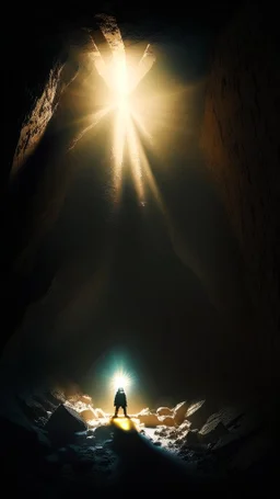 Figure on the scree cone of an underground room dimly lit by sunbeams diffuse, coming from a well located forty meters above.