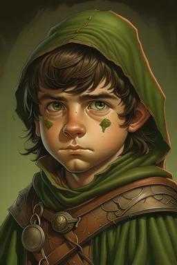 create a portrait of a rogue that is a halfling in larry elmore style