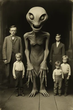 1900's black and white vintage photo, interior, teeth factory warehouse, unhappy and angry,stange long grey alien human hybrid creature with a family that is sad, captured on square format film, grainy, aged